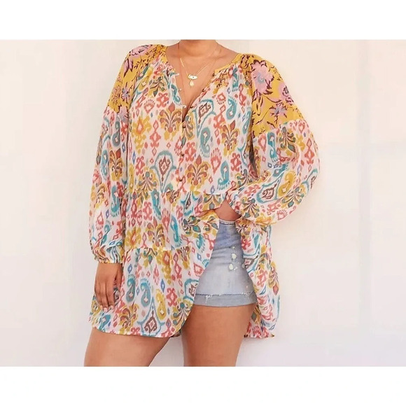 Anthropologie Maureen Babydoll Tunic Blouse Sheer Multicolor Floral Paisley M - Picture 4 of 16